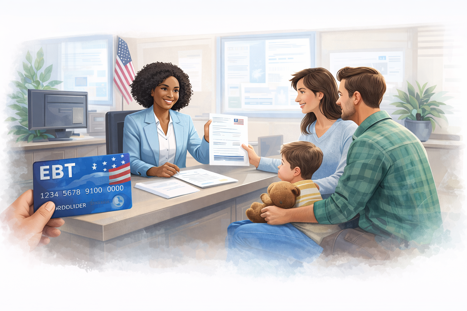 Family applying for SNAP benefits with government assistance officer in the United States